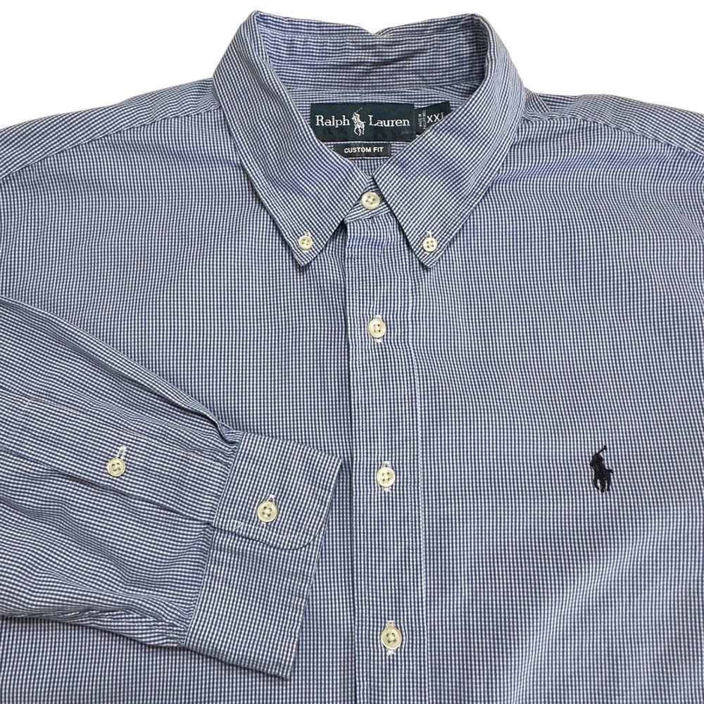 Ralph Lauren Custom Fit Blue Gingham Checkered Button Down Shirt Mens XXL Preppy